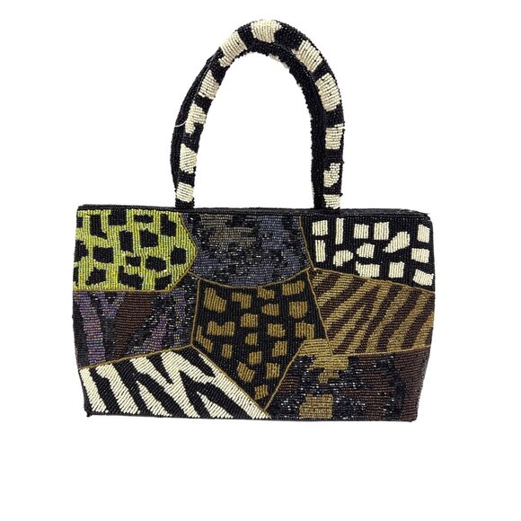 Vintage Beaded Handbag Purse Baguette Purse Animal Print Y2K Zip Closure - Picture 1 of 11